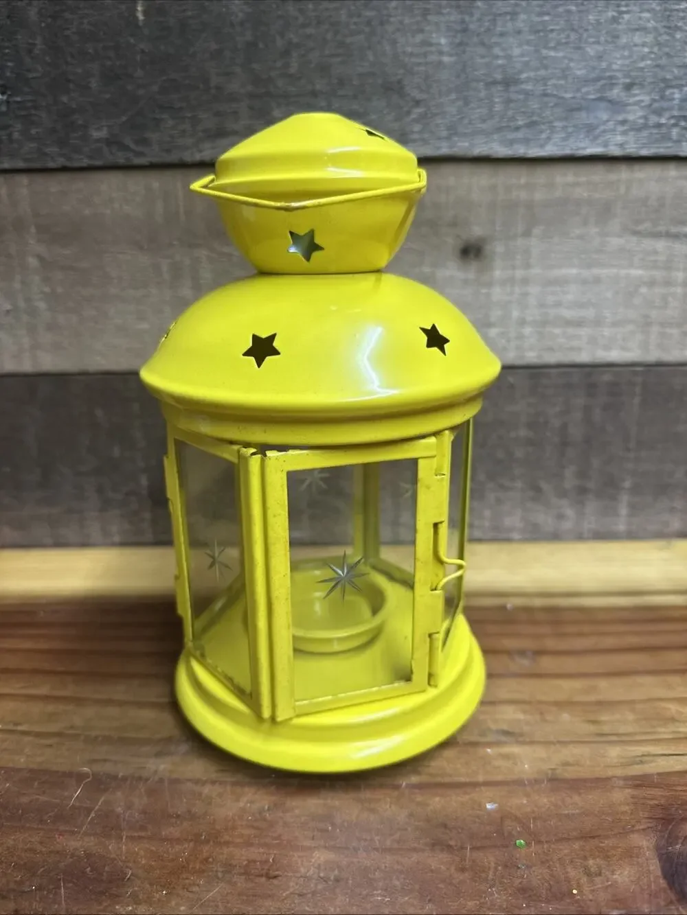 Vintage Ikea Candleholder Votive Lantern Yellow Enamel w Glass Starburst Panels